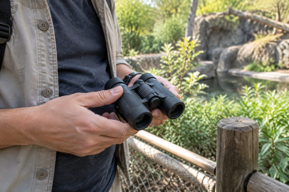 Visitor holding compact binoculars near planted grounds