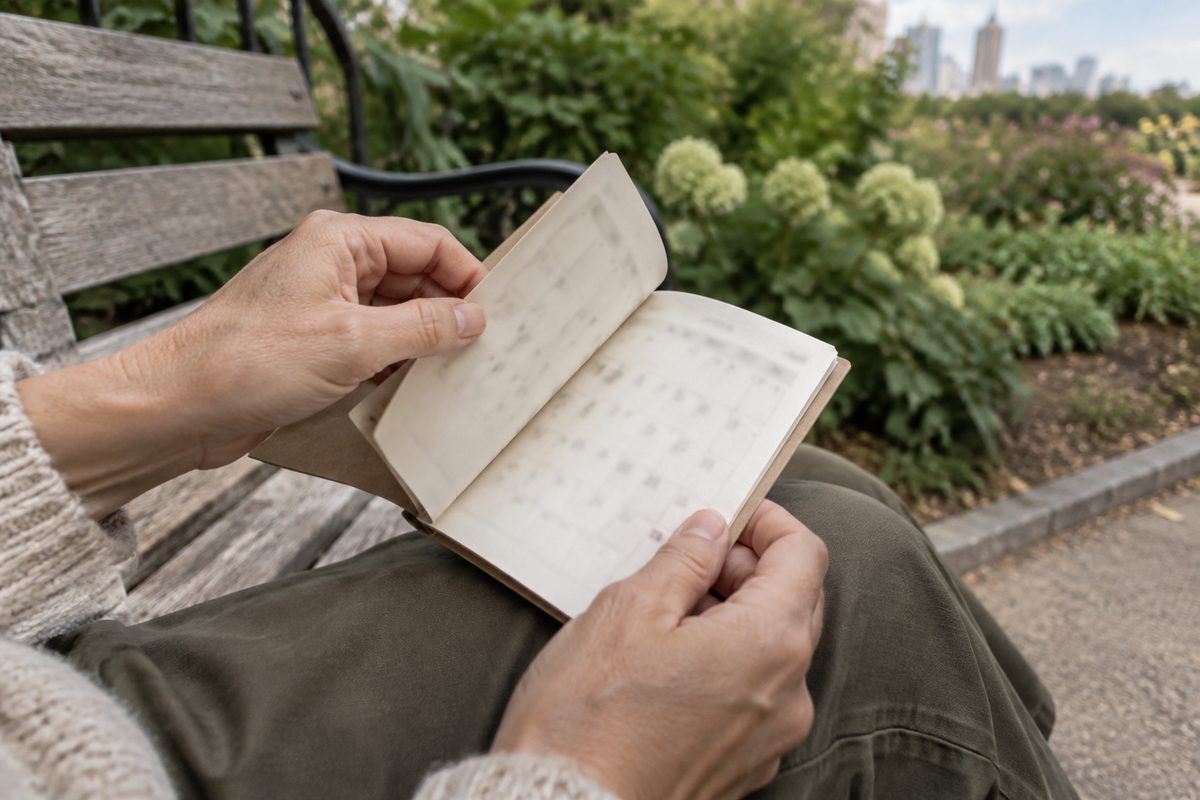 Visitor reviewing a small calendar booklet outdoors