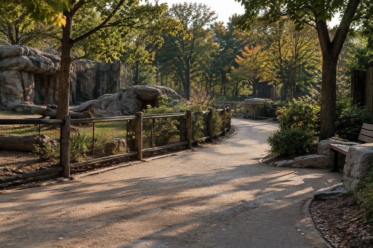 Tree shadows across a quiet garden walkway