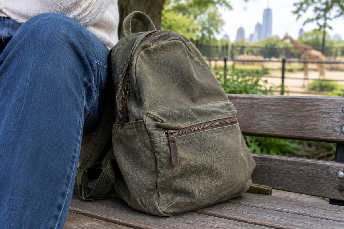 Canvas day bag beside a visitor on a bench