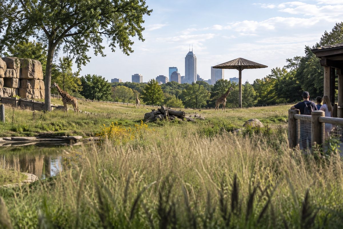 A wide planted habitat viewed from a zoo path