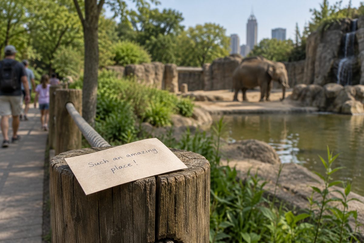 A ruled planning sheet beside a zoo walkway