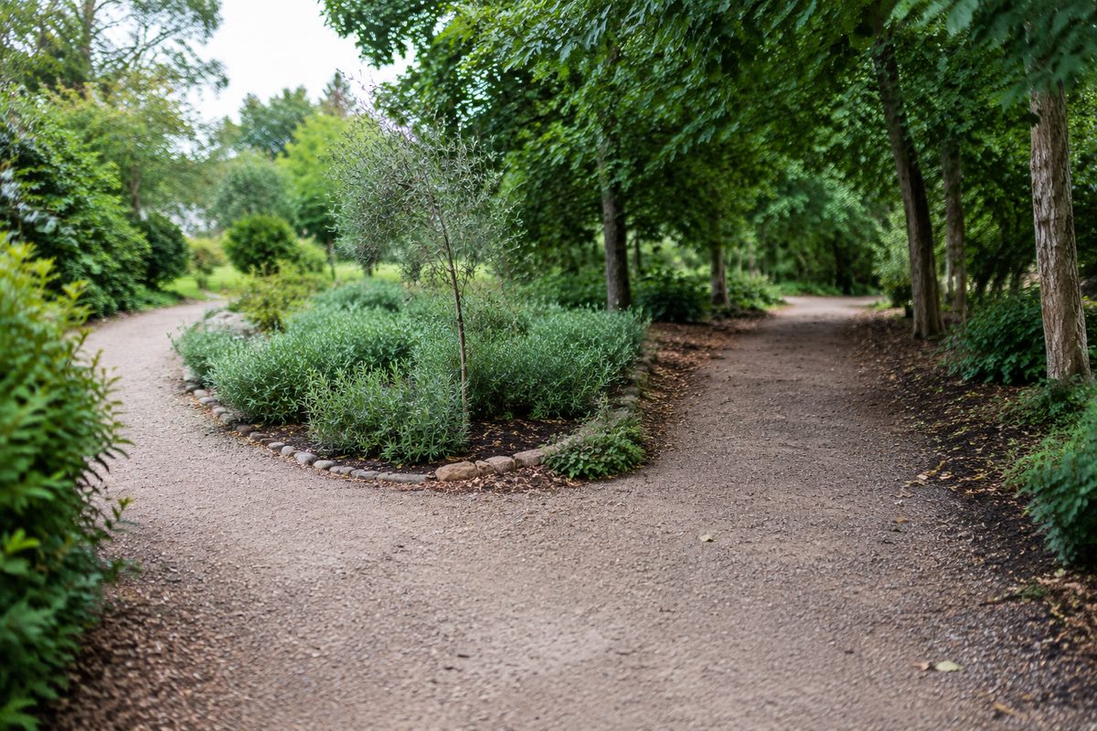 Two garden paths dividing around a planted border