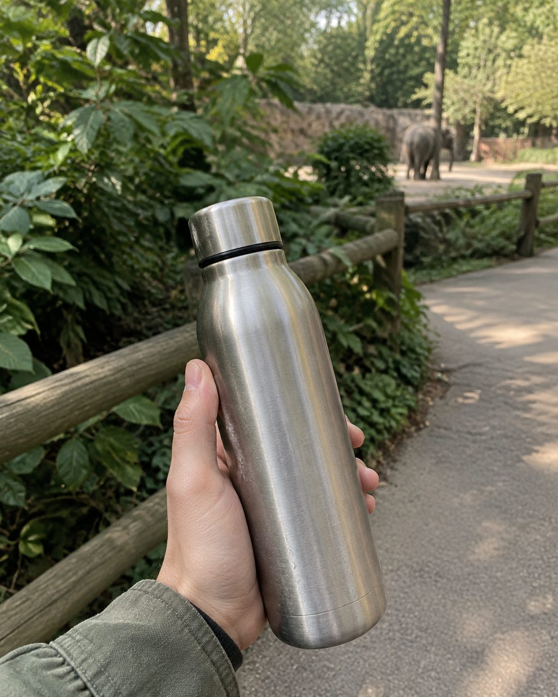 Visitor holding a plain metal drinking bottle