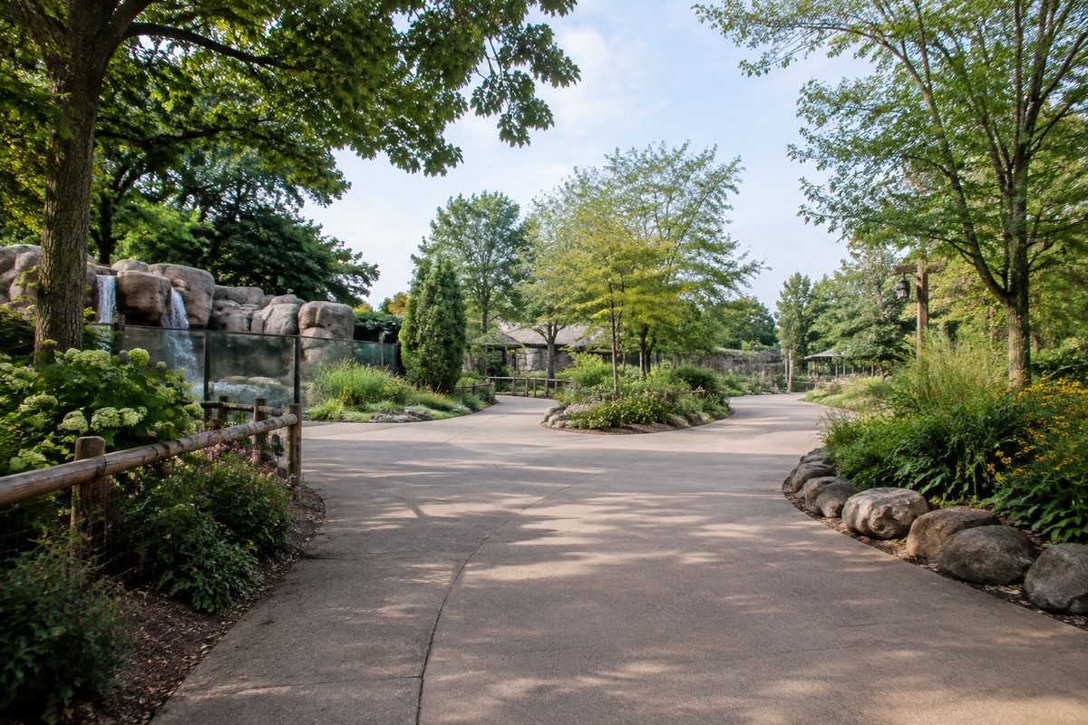 A quiet wayfinding view along planted zoo grounds