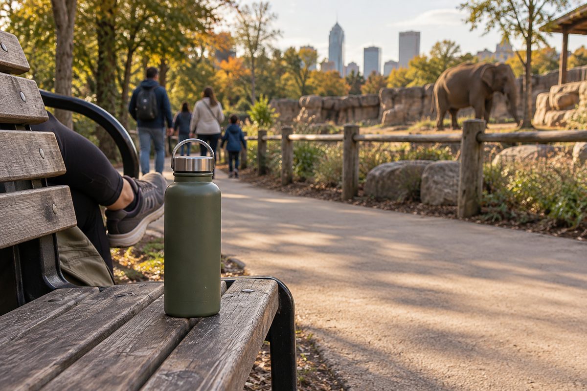 Drinking bottle beside a shaded bench