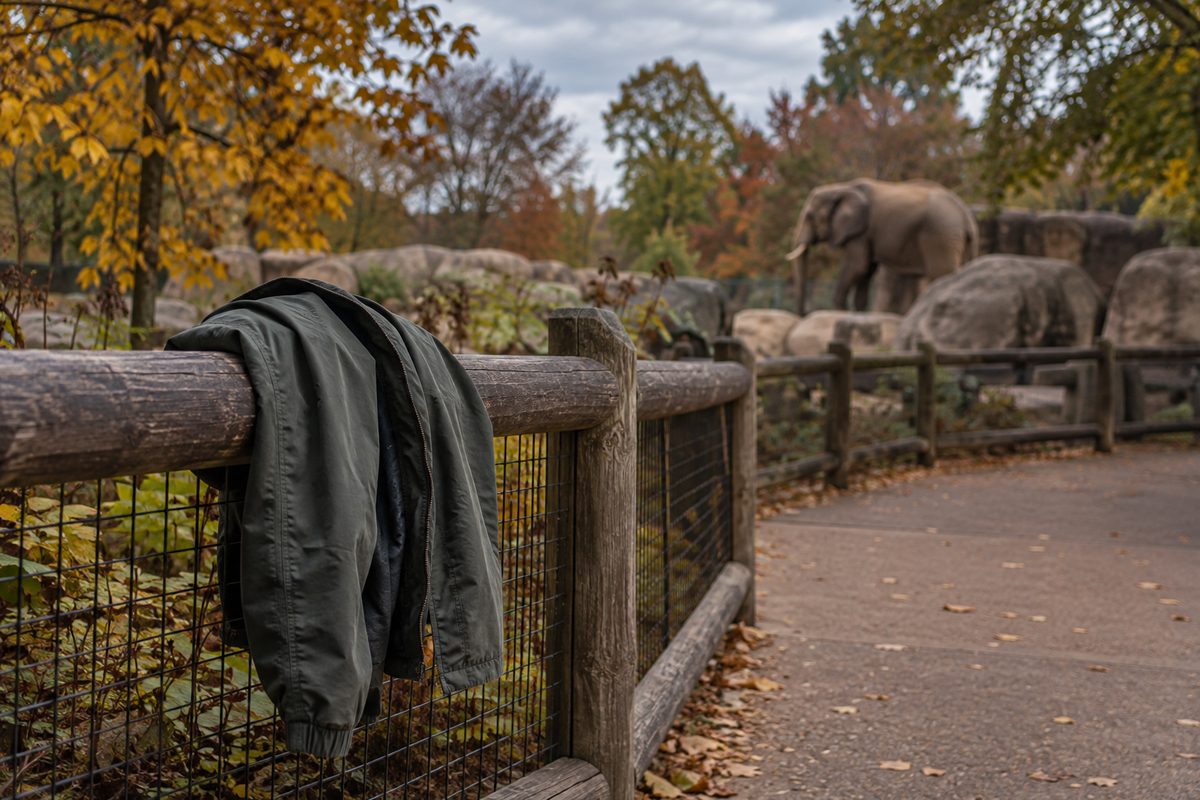 Visitor putting on a rain jacket beside a damp walkway