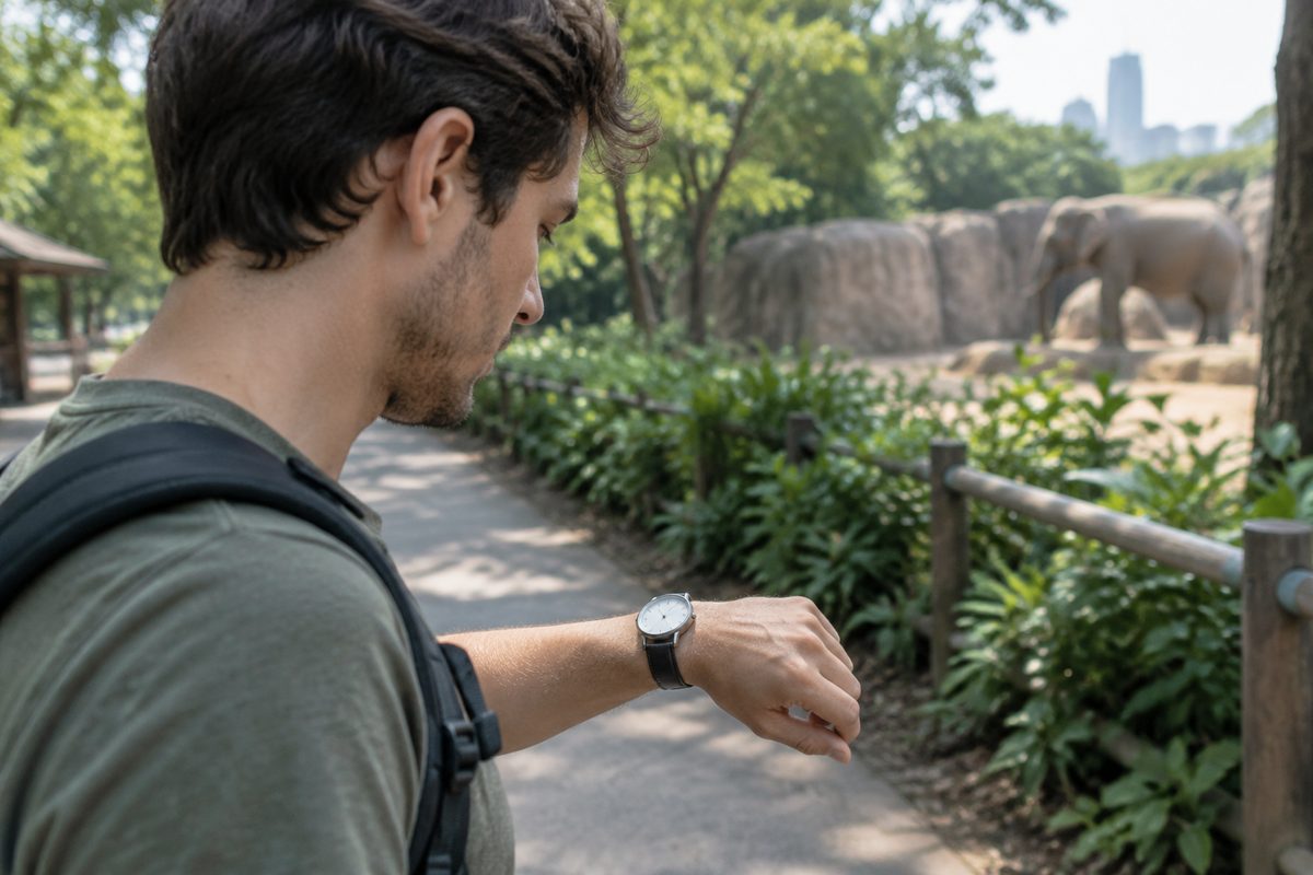 Visitor checking a wristwatch outdoors
